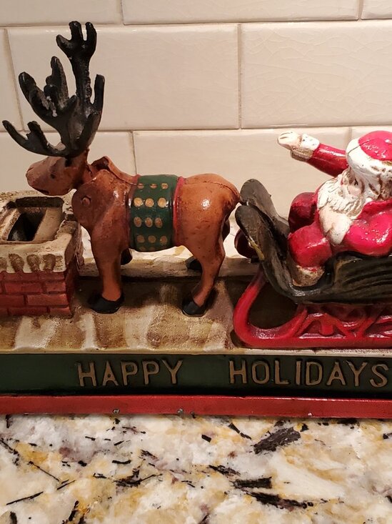 Cast Iron Santa & Reindeer Mechanical Coin Bank VTG Collectible Holidays VIDEO - Picture 1 of 11